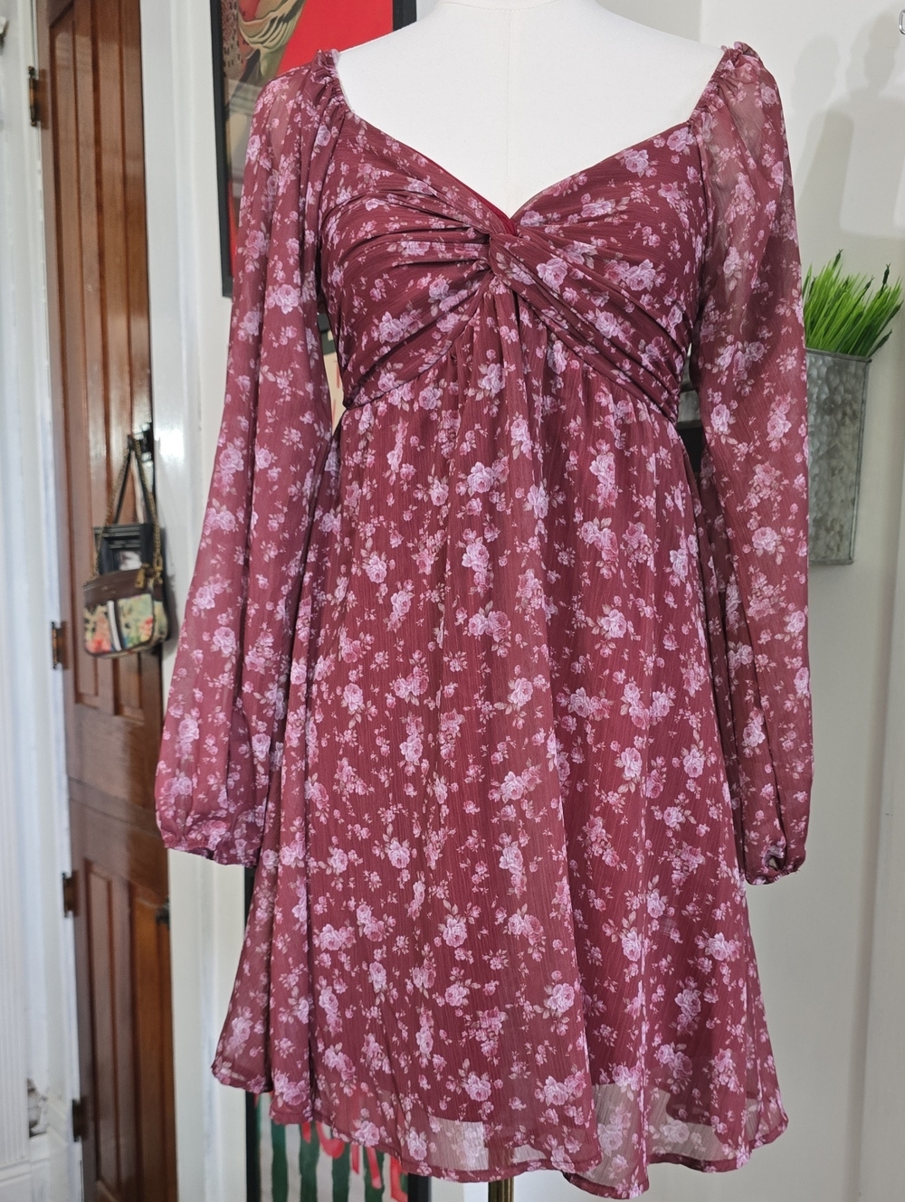 Altar'd State Dusty Rose Floral Twist-Front Long Sleeve Dress